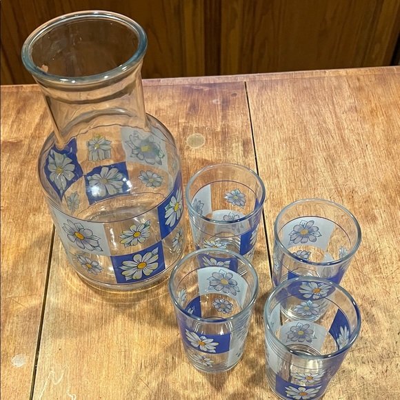 Vintage Other - Vintage Kig Indonesia Floral Glass Carafe & Tumbler Set - Blue and White Daisies
